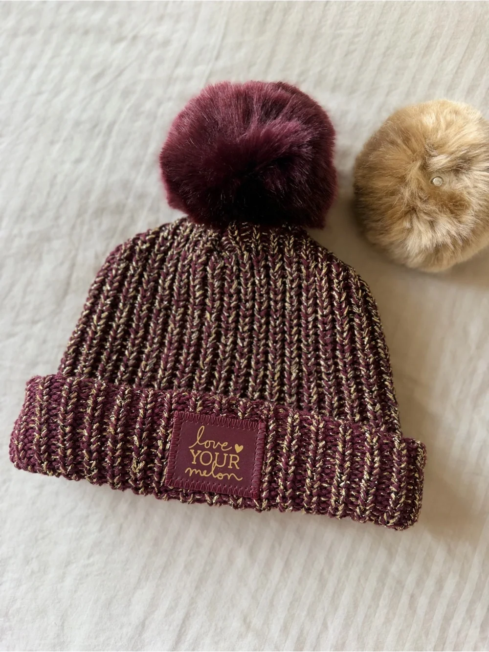 Love Your Melon Burgundy and Gold Knit Pom Beanie with Extra Pom